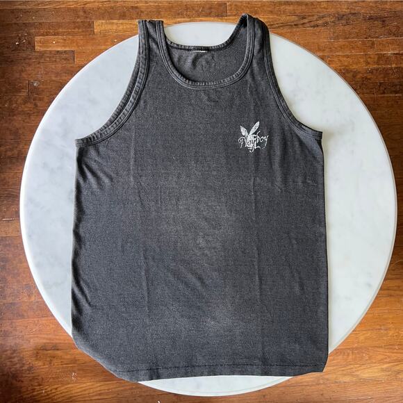 Vintage 80s Playboy Smurf Iron On Two Sided Black Tank Top / S M - Picture 2 of 7